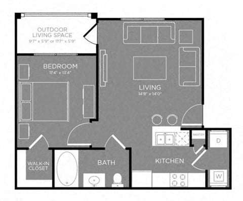 Floor plan for 1 bed, 1 bath, 574 sqft